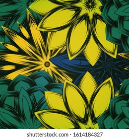 Seamless floral background. The gradient can be off. Tracery handmade nature ethnic fabric backdrop pattern with flowers. Textile design texture. Decorative color art. Vector