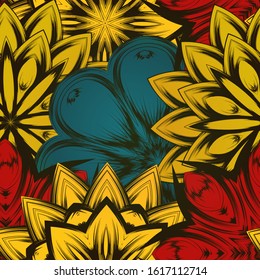 Seamless floral background. The gradient can be off. Tracery handmade nature ethnic fabric backdrop pattern with flowers. Textile design texture. Decorative color art. Vector