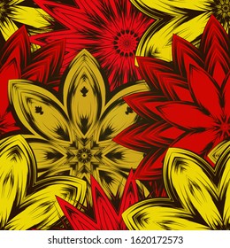 Seamless floral background. The gradient can be off. Tracery handmade nature ethnic fabric backdrop pattern with flowers. Textile design texture. Decorative color art. Vector