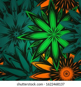 Seamless floral background. The gradient can be off. Tracery handmade nature ethnic fabric backdrop pattern with flowers. Textile design texture. Decorative color art. Vector