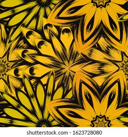 Seamless floral background. The gradient can be off. Tracery handmade nature ethnic fabric backdrop pattern with flowers. Textile design texture. Decorative color art. Vector