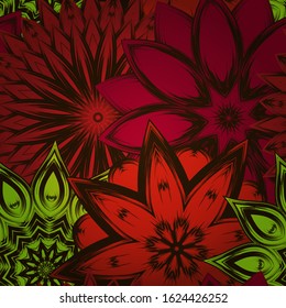 Seamless floral background. The gradient can be off. Tracery handmade nature ethnic fabric backdrop pattern with flowers. Textile design texture. Decorative color art. Vector