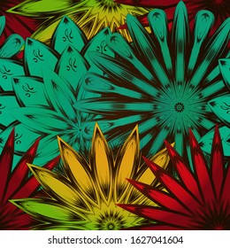 Seamless floral background. The gradient can be off. Tracery handmade nature ethnic fabric backdrop pattern with flowers. Textile design texture. Decorative color art. Vector