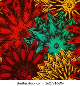Seamless floral background. The gradient can be off. Tracery handmade nature ethnic fabric backdrop pattern with flowers. Textile design texture. Decorative color art. Vector