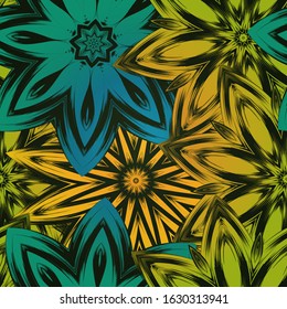 Seamless floral background. The gradient can be off. Tracery handmade nature ethnic fabric backdrop pattern with flowers. Textile design texture. Decorative color art. Vector