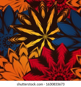 Seamless floral background. The gradient can be off. Tracery handmade nature ethnic fabric backdrop pattern with flowers. Textile design texture. Decorative color art. Vector