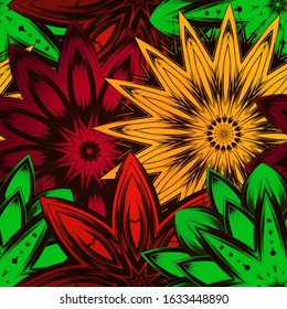 Seamless floral background. The gradient can be off. Tracery handmade nature ethnic fabric backdrop pattern with flowers. Textile design texture. Decorative color art. Vector