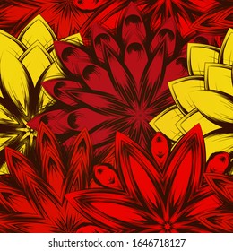 Seamless floral background. The gradient can be off. Tracery handmade nature ethnic fabric backdrop pattern with flowers. Textile design texture. Decorative color art. Vector