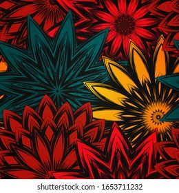 Seamless floral background. The gradient can be off. Tracery handmade nature ethnic fabric backdrop pattern with flowers. Textile design texture. Decorative color art. Vector