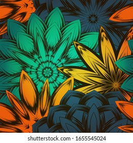 Seamless floral background. The gradient can be off. Tracery handmade nature ethnic fabric backdrop pattern with flowers. Textile design texture. Decorative color art. Vector