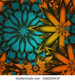 Seamless floral background. The gradient can be off. Tracery handmade nature ethnic fabric backdrop pattern with flowers. Textile design texture. Decorative color art. Vector