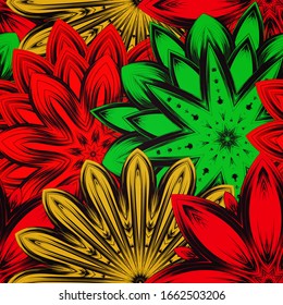 Seamless floral background. The gradient can be off. Tracery handmade nature ethnic fabric backdrop pattern with flowers. Textile design texture. Decorative color art. Vector