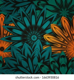 Seamless floral background. The gradient can be off. Tracery handmade nature ethnic fabric backdrop pattern with flowers. Textile design texture. Decorative color art. Vector