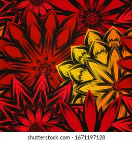 Seamless floral background. The gradient can be off. Tracery handmade nature ethnic fabric backdrop pattern with flowers. Textile design texture. Decorative color art. Vector