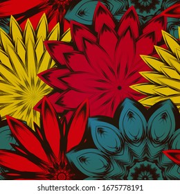 Seamless floral background. The gradient can be off. Tracery handmade nature ethnic fabric backdrop pattern with flowers. Textile design texture. Decorative color art. Vector