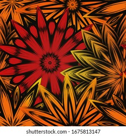 Seamless floral background. The gradient can be off. Tracery handmade nature ethnic fabric backdrop pattern with flowers. Textile design texture. Decorative color art. Vector