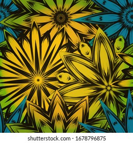 Seamless floral background. The gradient can be off. Tracery handmade nature ethnic fabric backdrop pattern with flowers. Textile design texture. Decorative color art. Vector