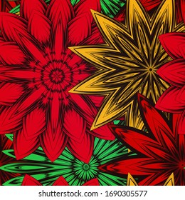 Seamless floral background. The gradient can be off. Tracery handmade nature ethnic fabric backdrop pattern with flowers. Textile design texture. Decorative color art. Vector