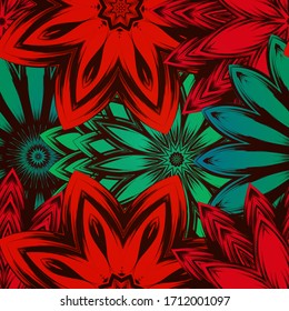 Seamless floral background. The gradient can be off. Tracery handmade nature ethnic fabric backdrop pattern with flowers. Textile design texture. Decorative color art. Vector