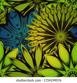 Seamless floral background. The gradient can be off. Tracery handmade nature ethnic fabric backdrop pattern with flowers. Textile design texture. Decorative color art. Vector
