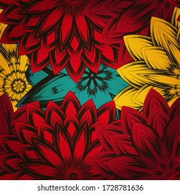 Seamless floral background. The gradient can be off. Tracery handmade nature ethnic fabric backdrop pattern with flowers. Textile design texture. Decorative color art. Vector