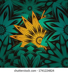 Seamless floral background. The gradient can be off. Tracery handmade nature ethnic fabric backdrop pattern with flowers. Textile design texture. Decorative color art. Vector