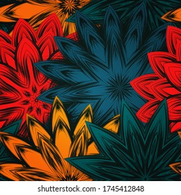 Seamless floral background. The gradient can be off. Tracery handmade nature ethnic fabric backdrop pattern with flowers. Textile design texture. Decorative color art. Vector