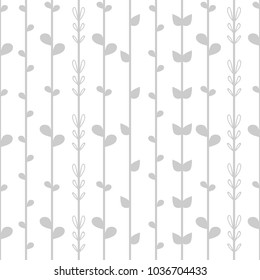 Seamless floral background with grey herb strings. Ivy on white. Spring stripy vector illustration.