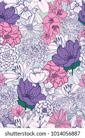 Seamless floral background with hand drawn flowers, Monochrome design with pink and violet flowers