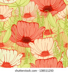 Seamless floral background with hand drawn poppy flowers field