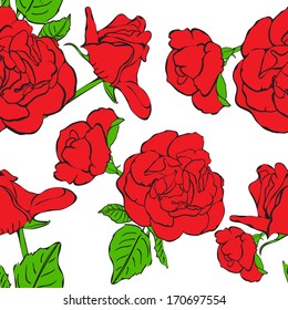 Seamless floral background with hand drawn red roses. Abstract vintage background with floral retro element. Vector EPS10.