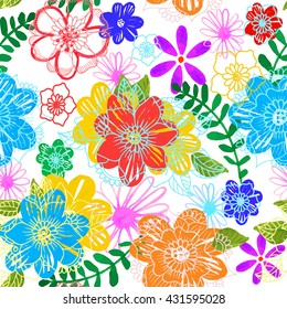 Seamless floral background. Hand drawn flowers and leaves with watercolor flowers on  background. Vector illustration.