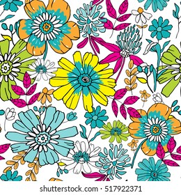 Seamless floral background. Hand drawn flowers and leafs on whit