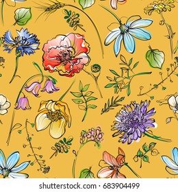 Seamless floral background with hand-drawn flowers, vector illustration