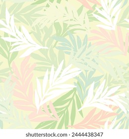 Seamless floral background with handmade leaves. Vector yellow pattern with yellow, peach and green pistachio leaves.
