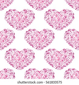 Seamless floral background hearts pattern. Vector illustration.