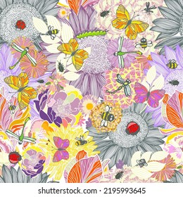 Seamless floral background with insects. Vector illustration. Modern floral background. Trendy Folk style.