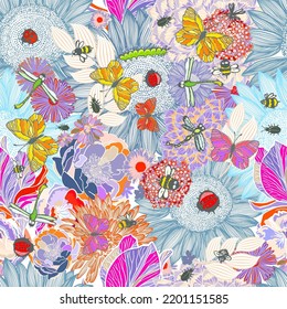 Fondo floral sin foco con insectos. Ilustración vectorial. Fondo floral moderno. Estilo popular de moda.