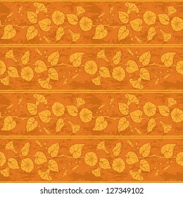 Seamless floral background, ipomoea flowers, leaves and stripes. Vector