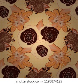 Seamless floral background. Isolated beautiful flowers drawn watercolor in orange, beige and brown colors. Tropical colorful seamless pattern. Vector illustration.