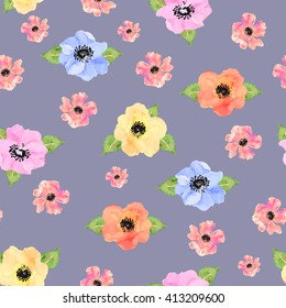 Seamless floral  background. Isolated beautiful flowers and leafs drawn watercolor on blue background. Vector illustration.
