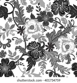 Seamless floral background. Isolated black and white flowers and leafs on white background. Vector illustration.
