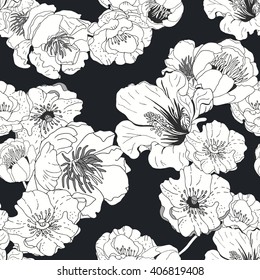 Seamless floral background. Isolated black and white flowers on black background. Vector illustration.
