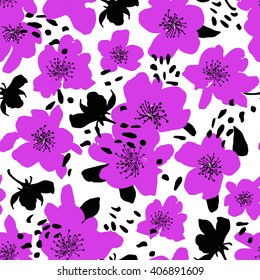 Seamless floral  background. Isolated blooming lilac flowers on white background. Vector illustration.