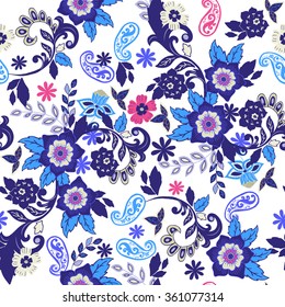 Seamless floral background. Isolated blue and red flowers on white background. Vector illustration.