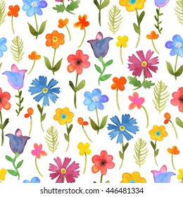 Seamless floral  background. Isolated colorful field flowers and leaves drawn watercolor on white. Vector.