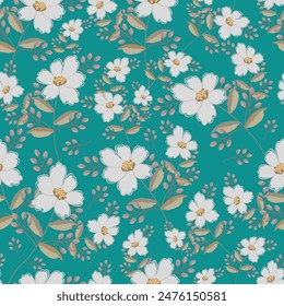 Seamless floral background. Isolated flowers and leafs on blue background. Vector illustration.