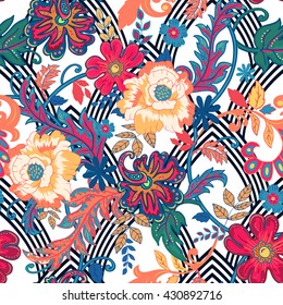 Seamless floral background. Isolated flowers and leafs on geometric background. Vector illustration.