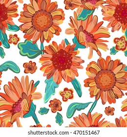 Seamless floral  background. Isolated orange flowers with leafs. Vector.