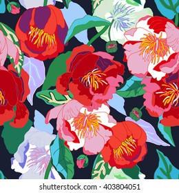 Seamless floral  background. Isolated red flowers and leafs on black background. Vector illustration.